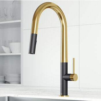 Vigo Single Handle Pull-Down Sprayer Kitchen Faucet in Matte Brushed Gold and Matte Black, Installed View