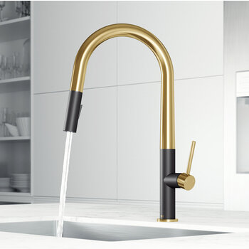 Vigo Single Handle Pull-Down Sprayer Kitchen Faucet in Matte Brushed Gold and Matte Black, Installed On View