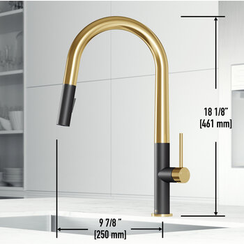 Vigo Single Handle Pull-Down Sprayer Kitchen Faucet in Matte Brushed Gold and Matte Black, Dimensions