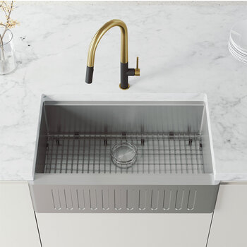 Vigo Single Handle Pull-Down Sprayer Kitchen Faucet in Matte Brushed Gold and Matte Black, Installed View
