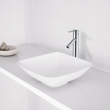 Vigo Hyacinth Matte Stone Vessel Bathroom Sink in Matte White, 13-3/4" W x 13-3/4" D x 3-1/2" H