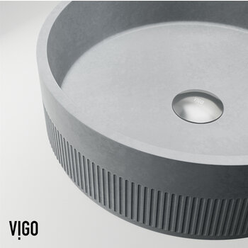Vigo Modern Gray Concreto Stone Round Fluted Bathroom Vessel Sink, Close Up View