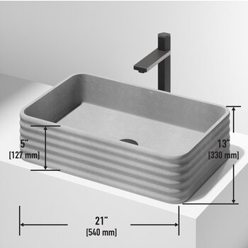 Vigo 21'' Modern Gray Concreto Stone Rectangular Fluted Bathroom Vessel Sink, Dimensions