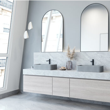 Vigo 21'' Modern Gray Concreto Stone Rectangular Fluted Bathroom Vessel Sink, Installed Angle View