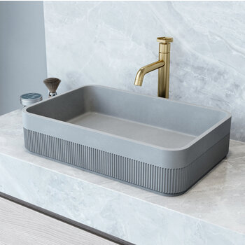 Vigo Modern Gray Concreto Stone Rectangular Fluted Bathroom Vessel Sink, Installed View