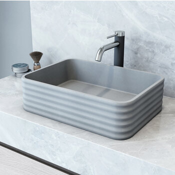 Vigo 18'' Modern Gray Concreto Stone Rectangular Fluted Bathroom Vessel Sink, Installed View