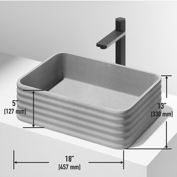 Vigo 18'' Modern Gray Concreto Stone Rectangular Fluted Bathroom Vessel Sink, Dimensions