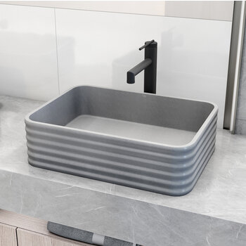 Vigo 18'' Modern Gray Concreto Stone Rectangular Fluted Bathroom Vessel Sink, Angle View