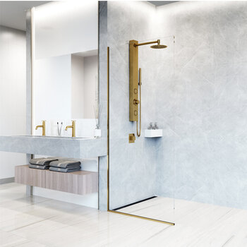 Vigo Shower Massage Panel in Matte Brushed Gold, Installed Angle View