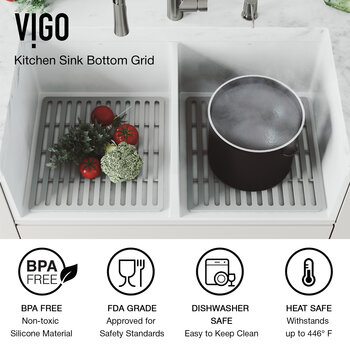 Vigo MatteStone™ Collection 33'' White Greenwich Matte Black Faucet Kitchen Grid Info
