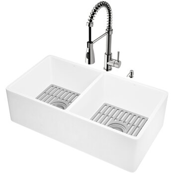 Vigo MatteStone™ Collection 33'' All-In-One White Brant Stainless Steel Faucet, Grid, Soap Dispenser Product View