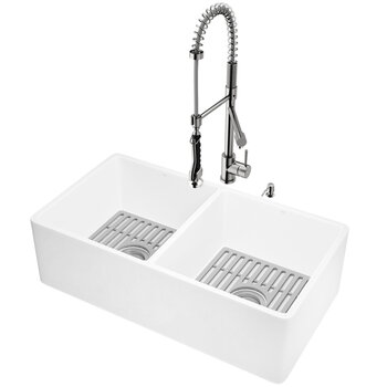Vigo MatteStone™ Collection 33'' All-In-One White Zurich Stainless Steel Faucet, Grid, Soap Dispenser Product View