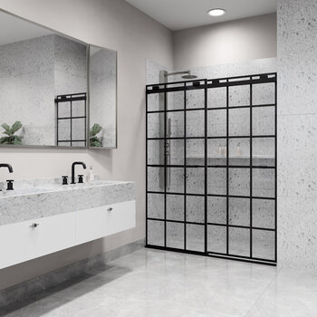 Vigo Houston 60" W x 76" H Frameless Sliding Shower Door with Grid Pattern in Matte Black Hardware, Installed Angle View