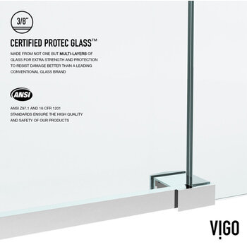 Vigo 60'' x 74'' Frameless Sliding Shower Door with Chrome Hardware, Protecglass Laminated Glass, and Handle, Tempered Glass Info