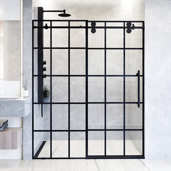 Vigo Elan 60'' W x 74'' H Frameless Sliding Shower Door with Grid Pattern in Matte Black and Matte Black Hardware, In Use Illustration