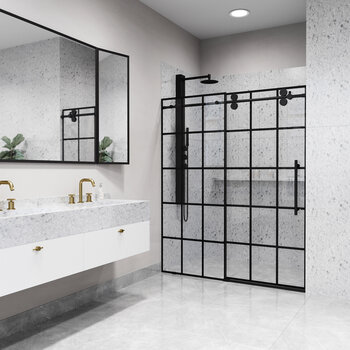 Vigo Elan 60'' W x 74'' H Frameless Sliding Shower Door with Grid Pattern in Matte Black and Matte Black Hardware, Angle Installed View