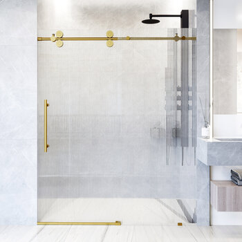 Vigo Elan 60'' W x 74'' H Frameless Left Sliding Shower Door in Matte Brushed Gold Hardware with Fluted Glass, In Use Illustration