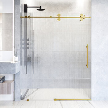 Vigo Elan 60'' W x 74'' H Frameless Right Sliding Shower Door in Matte Brushed Gold Hardware with Fluted Glass, In Use Illustration