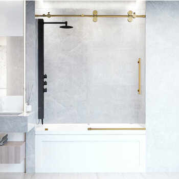 Vigo 60'' x 66'' Frameless Sliding Tub Door with Matte Brushed Gold Hardware, Protecglass Laminated Glass, and Handle , Installed View