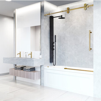 Vigo 60'' x 66'' Frameless Sliding Tub Door with Matte Brushed Gold Hardware, Protecglass Laminated Glass, and Handle , Installed Angle View