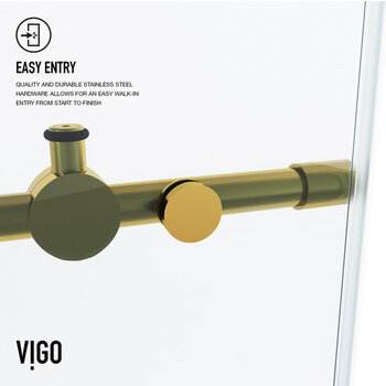 Vigo 60'' x 74'' Frameless Sliding Shower Door with Matte Brushed Gold Hardware, Protecglass Laminated Glass, and Handle, Easy Entry Info