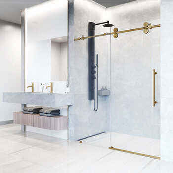 Vigo 60'' x 74'' Frameless Sliding Shower Door with Matte Brushed Gold Hardware, Protecglass Laminated Glass, and Handle, Installed View