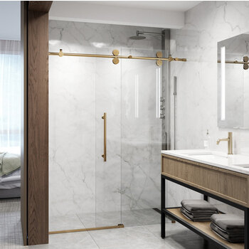 Vigo 60'' x 74'' Frameless Sliding Shower Door with Matte Brushed Gold Hardware, Protecglass Laminated Glass, and Handle, Installed Angle View