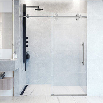 Vigo 60'' x 74'' Frameless Sliding Shower Door with Stainless Steel Hardware, Protecglass Laminated Glass, and Handle, Installed Front View