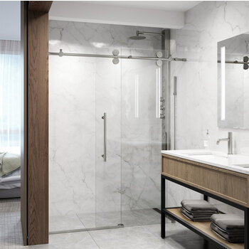 Vigo 60'' x 74'' Frameless Sliding Shower Door with Stainless Steel Hardware, Protecglass Laminated Glass, and Handle, Installed Angle View