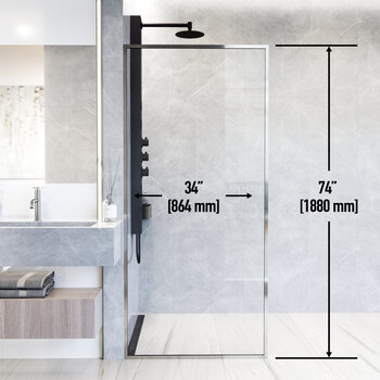 Vigo Meridian 34'' W x 74'' H Fixed Frame Shower Screen in Chrome with Clear Glass, Dimensions