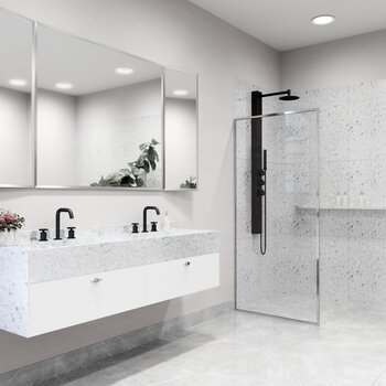 Vigo Meridian 34'' W x 74'' H Fixed Frame Shower Screen in Chrome with Clear Glass, Angle Installed View