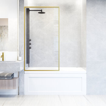 Vigo Meridian 34'' W x 62'' H Fixed Frame Tub Screen in Matte Brushed Gold with Clear Glass, In Use Illustration