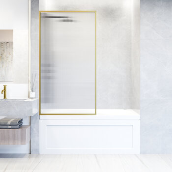 Vigo Meridian 34'' W x 62'' H Fixed Frame Tub Screen in Matte Brushed Gold with Fluted Glass, In Use Illustration