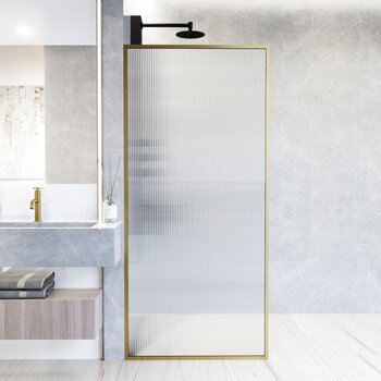 Vigo Meridian 34'' W x 74'' H Fixed Frame Shower Screen in Matte Brushed Gold with Fluted Glass, In Use Illustration