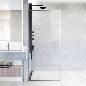 Vigo Meridian 34'' W x 74'' H Fixed Frame Shower Screen in Stainless Steel with Clear Glass, In Use Illustration