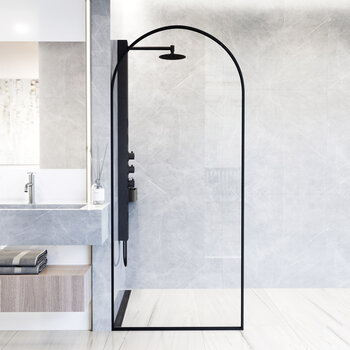 Vigo Arden 34'' W x 78'' H Fixed Arch Frame Shower Screen in Matte Black with Clear Glass, In Use Illustration