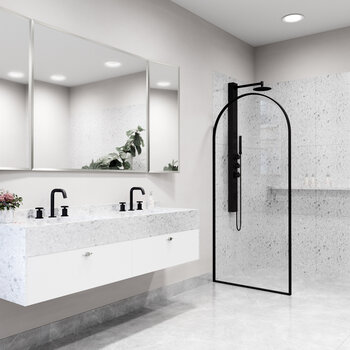 Vigo Arden 34'' W x 78'' H Fixed Arch Frame Shower Screen in Matte Black with Clear Glass, Angle Installed View