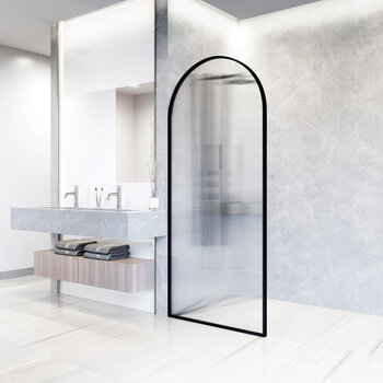 Vigo Arden 34'' W x 78'' H Fixed Arch Frame Shower Screen in Matte Black with Fluted Glass, Angle Installed View