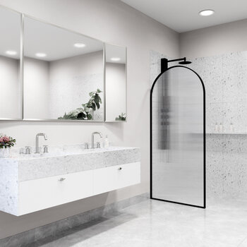 Vigo Arden 34'' W x 78'' H Fixed Arch Frame Shower Screen in Matte Black with Fluted Glass, Angle Installed View