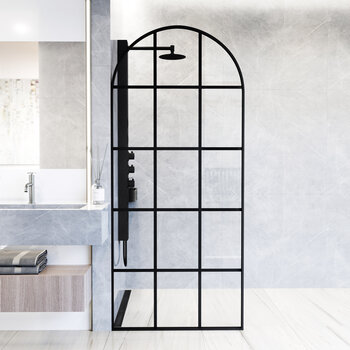 Vigo Arden 34'' W x 78'' H Fixed Arch Frame Shower Screen in Matte Black with Grid Pattern and Clear Glass, In Use Illustration