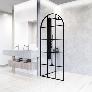 Vigo Arden 34'' W x 78'' H Fixed Arch Frame Shower Screen in Matte Black with Grid Pattern and Clear Glass, Angle Installed View