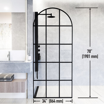 Vigo Arden 34'' W x 78'' H Fixed Arch Frame Shower Screen in Matte Black with Grid Pattern and Clear Glass, Dimensions
