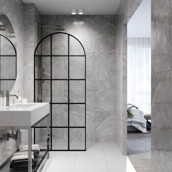 Vigo Arden 34'' W x 78'' H Fixed Arch Frame Shower Screen in Matte Black with Grid Pattern and Clear Glass, Front Installed View