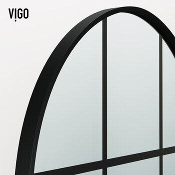 Vigo Arden 34'' W x 78'' H Fixed Arch Frame Shower Screen in Matte Black with Grid Pattern and Clear Glass, Frame Close Up View