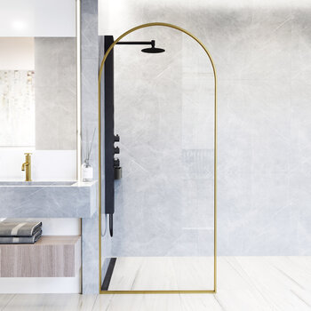 Vigo Arden 34'' W x 78'' H Fixed Arch Frame Shower Screen in Matte Brushed Gold with Clear Glass, In Use Illustration
