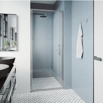 Vigo Fixed Framed Pivot Shower Door with 2'' Thick Clear Glass and Chrome Hardware, Angle View