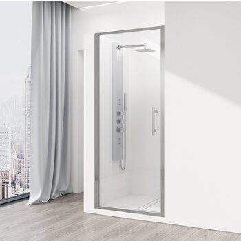 Vigo Fixed Framed Pivot Shower Door with 2'' Thick Clear Glass and Chrome Hardware, Installed Angle View