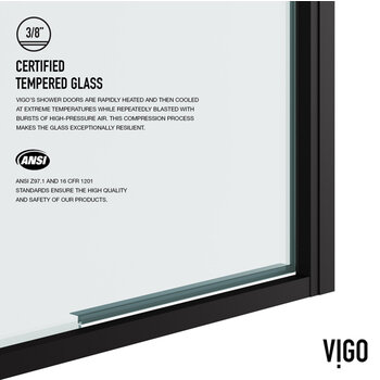 Vigo Fixed Framed Pivot Shower Door with 2'' Thick Clear Glass and Matte Black Hardware, Tempered Glass Info