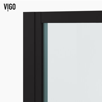 Vigo Fixed Framed Pivot Shower Door with 2'' Thick Clear Glass and Matte Black Hardware, Close Up Frame View