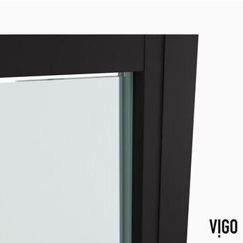 Vigo Fixed Framed Pivot Shower Door with 2'' Thick Clear Glass and Matte Black Hardware, Frame Close Up View